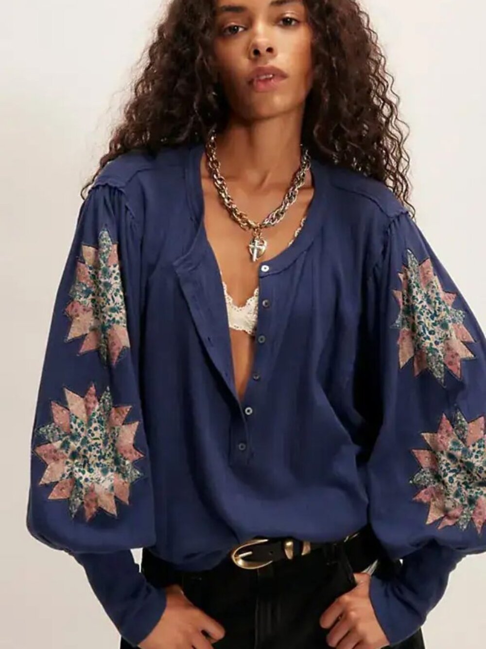 ☀️ Free People Quinn Quilt Sleeve Henley Top Dark Blue M NWT